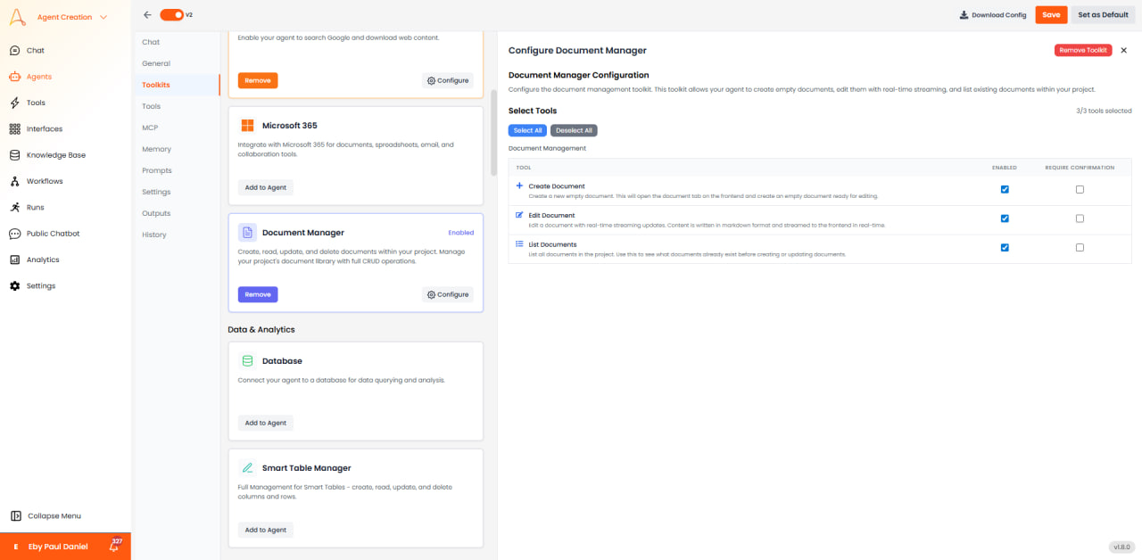 Panel de Configuración de Gestión de Documentos mostrando herramientas de Crear, Editar y Listar Documentos