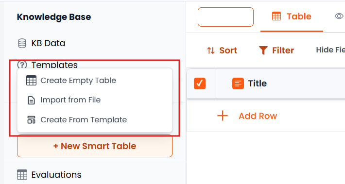 Menú de tres opciones para crear Smart Tables