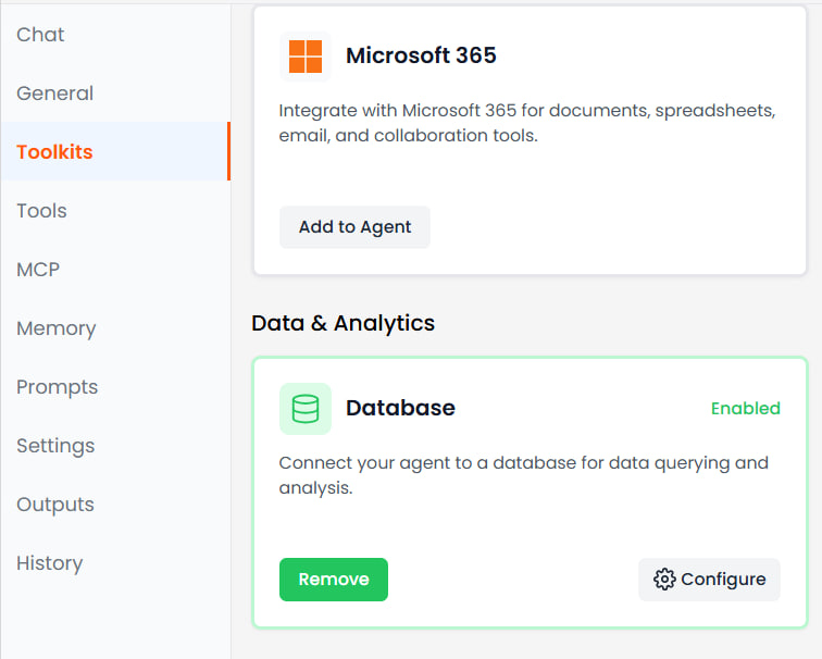 Constructor de agentes con toolkit Database Manager