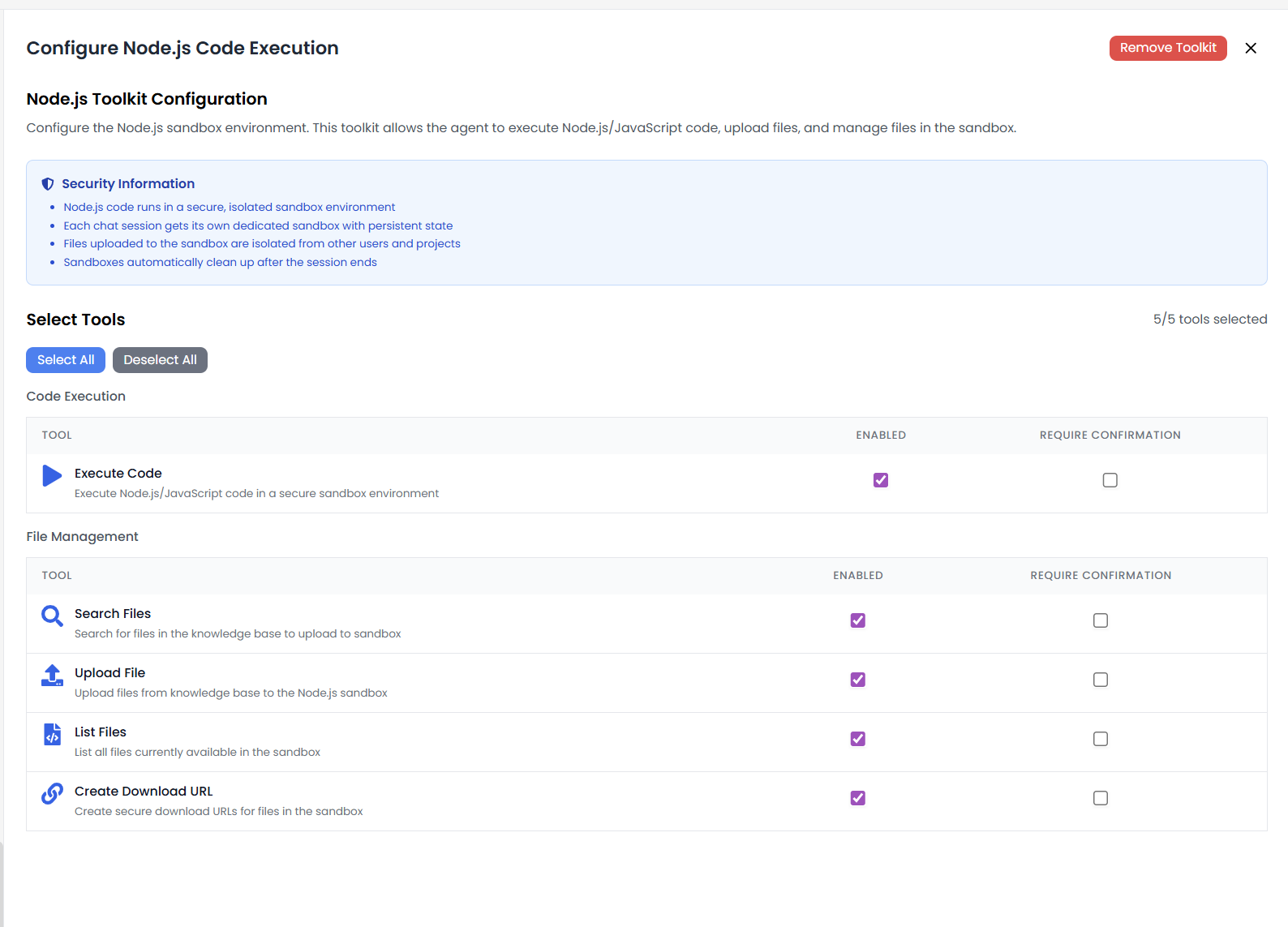 Panel de Configuración del Toolkit Node.js