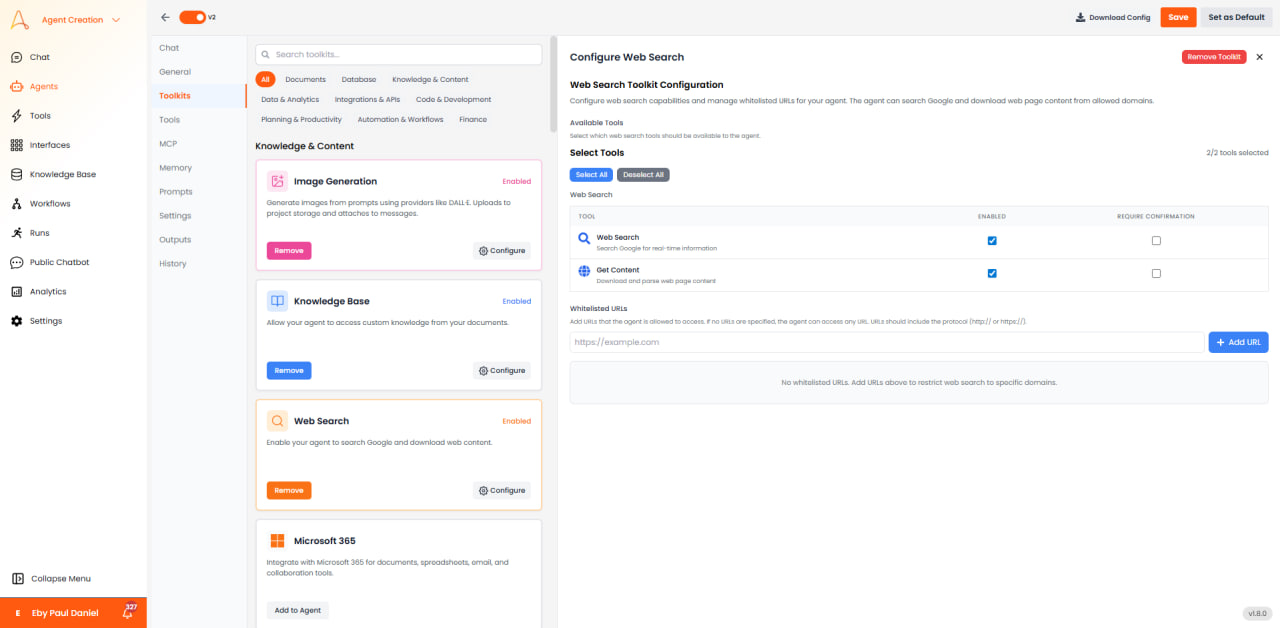 Panneau de configuration de la Recherche Web avec la sélection d'outils et les URLs autorisées