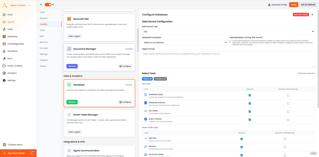 Configuration du toolkit Base de données avec les paramètres de source de données