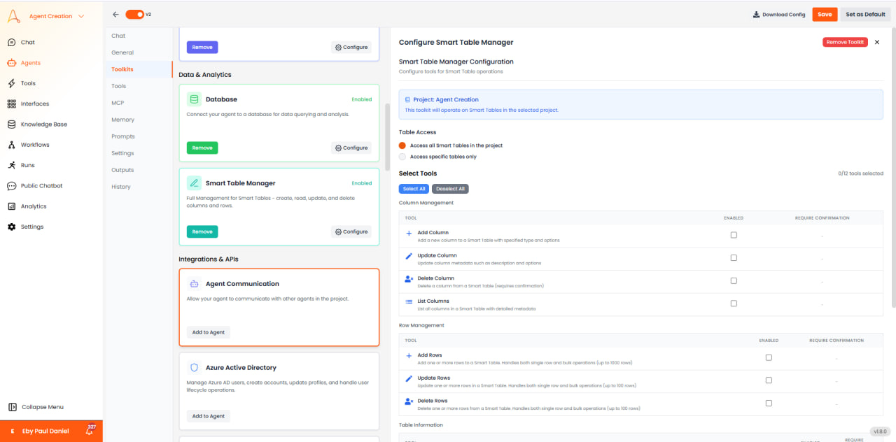Configuration du Gestionnaire de table intelligente avec les outils d'accès aux tables et de gestion des colonnes/lignes