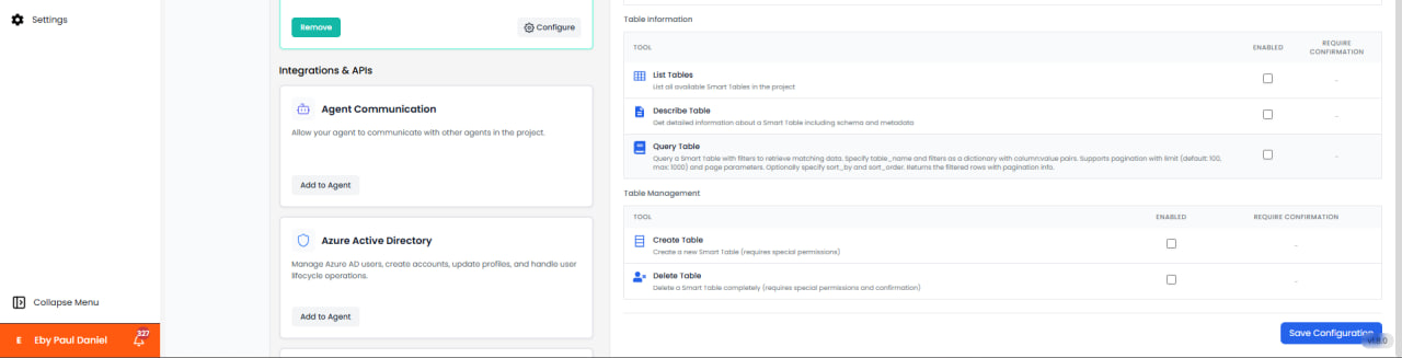 Outils d'information et de gestion des tables du Gestionnaire de table intelligente