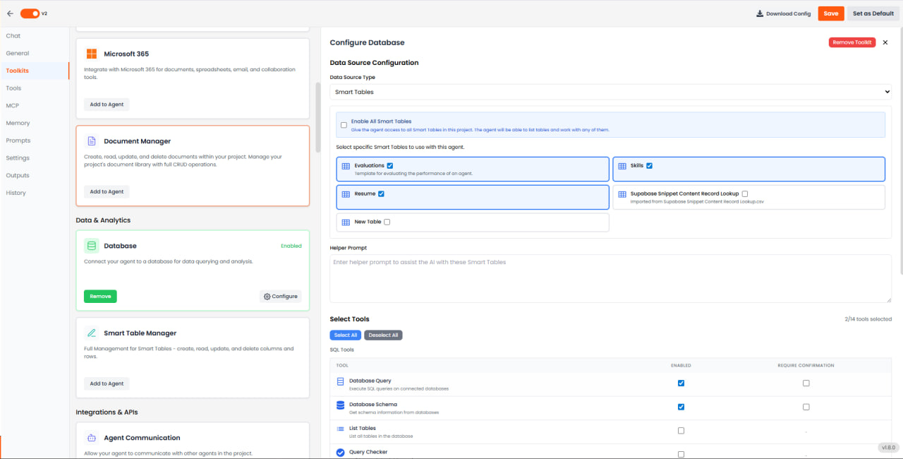 Paramètres du Gestionnaire de base de données affichant la sélection du Tableau intelligent