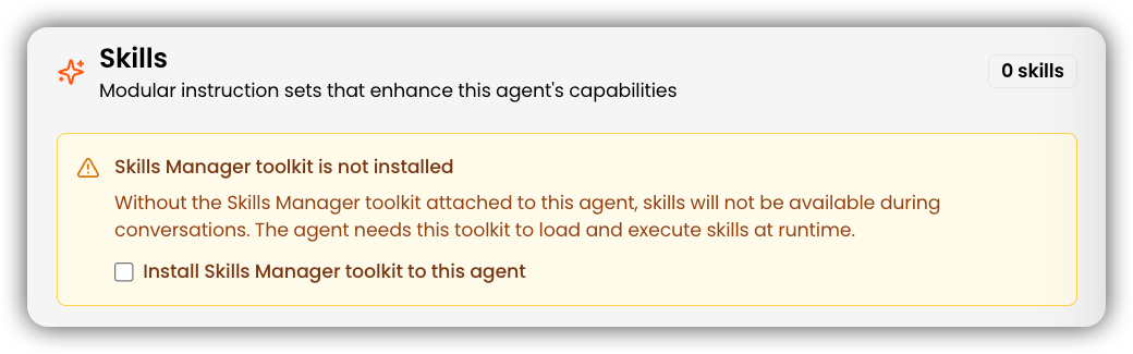 Installer le Skills Manager Toolkit depuis l'onglet Skills