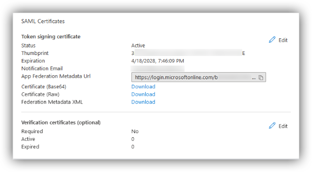 URL des métadonnées Azure AD