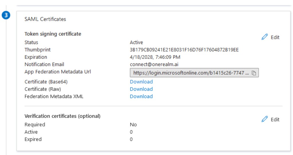 Azure – Certificats SAML – URL de métadonnées de fédération d'applications