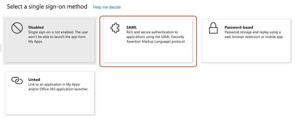 Azure – Sélectionner une méthode d'authentification unique – SAML