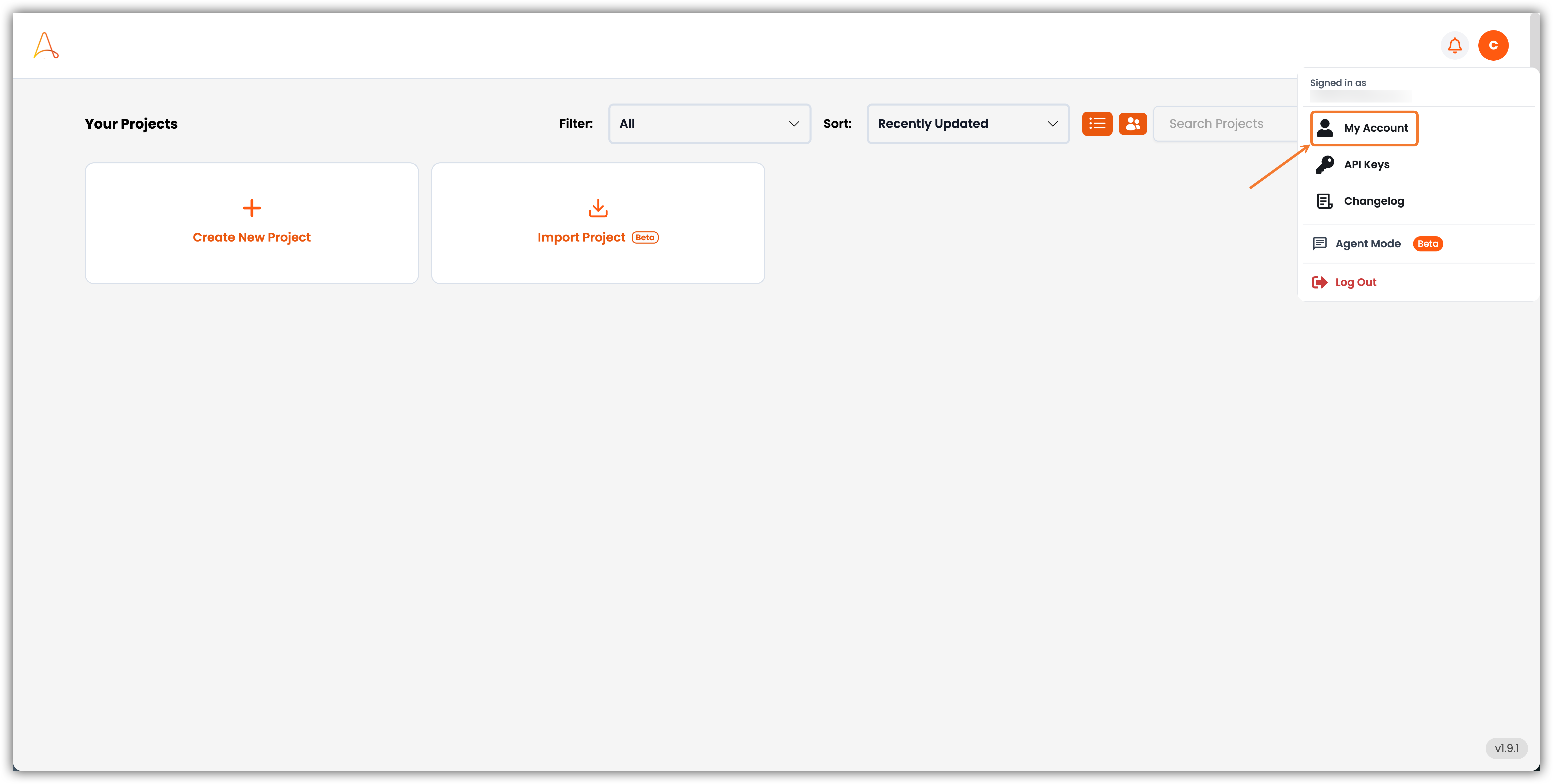 Tableau de bord EK avec l'option Mon Compte mise en évidence dans le menu utilisateur