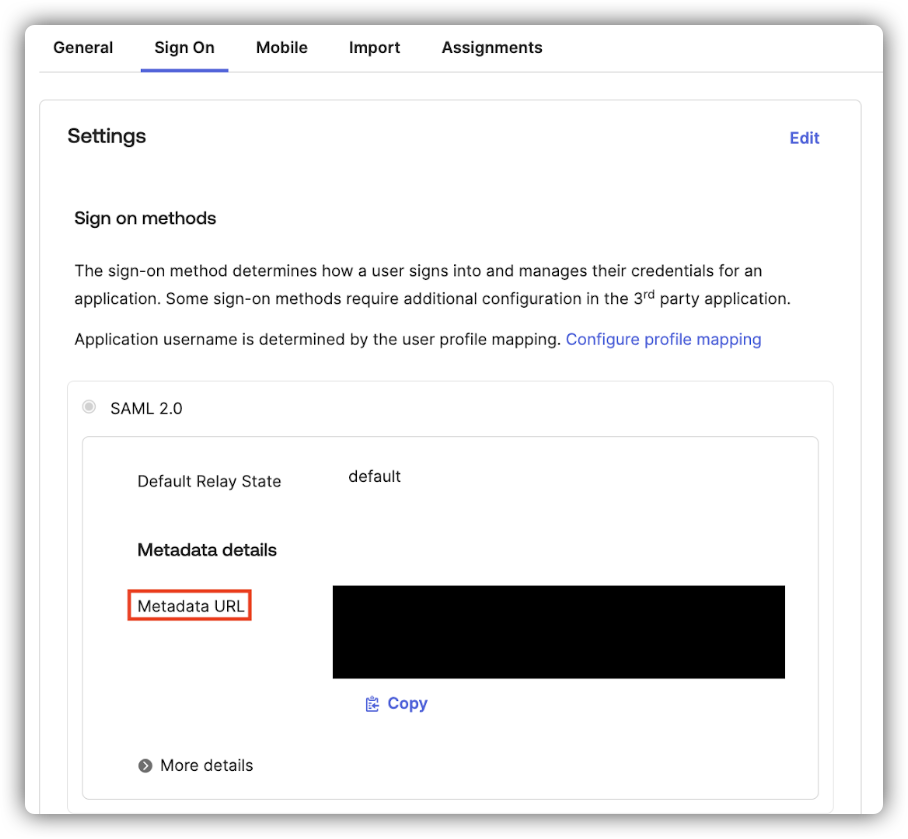URL des métadonnées Okta