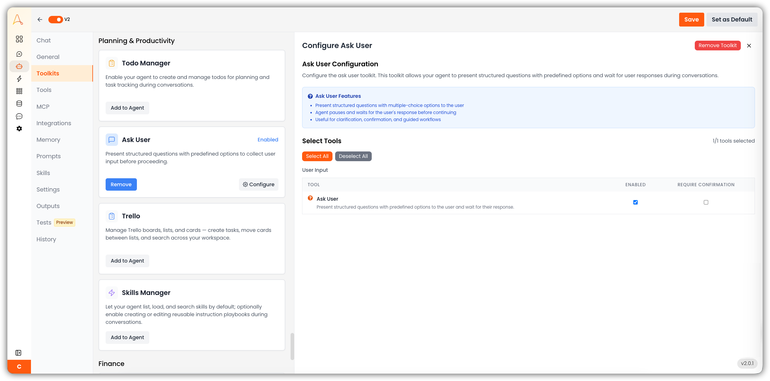 Ask Userの設定パネル - Ask Userツール、有効化と確認要求のオプションを表示